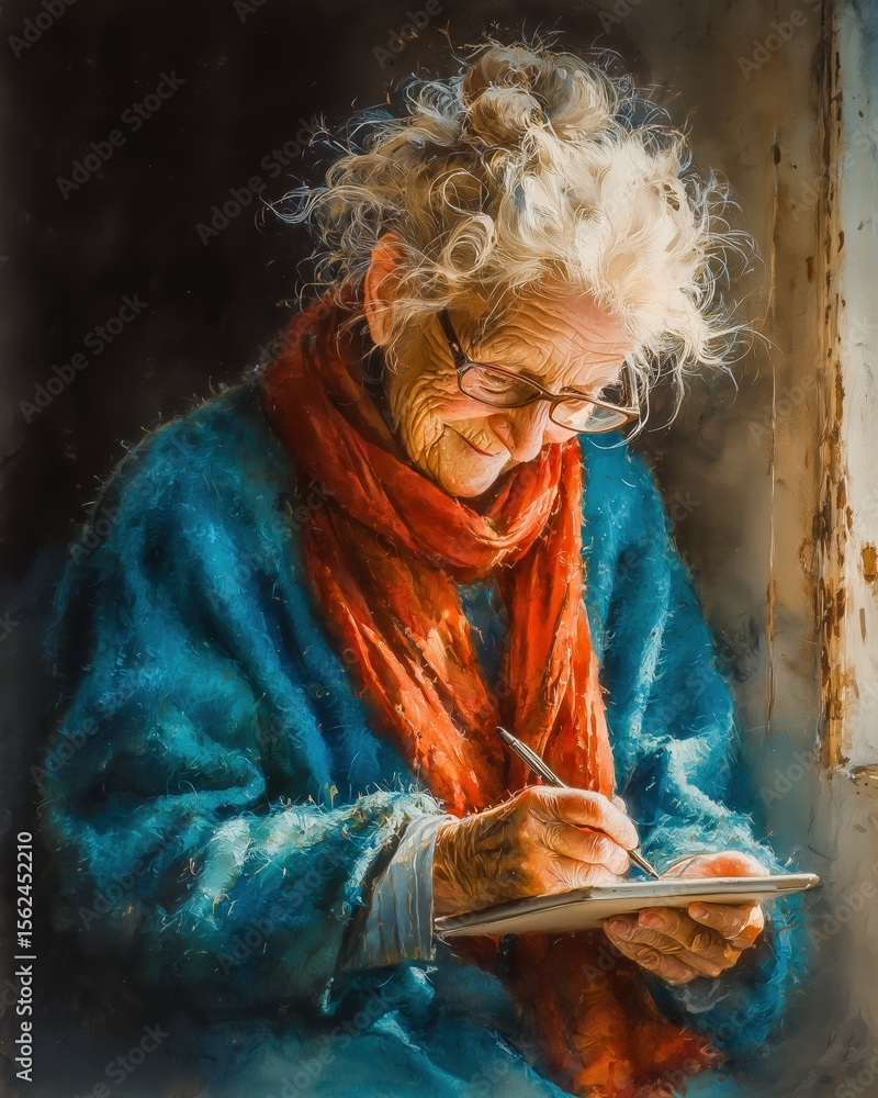 Fototapeta premium Elderly woman writing, wearing a blue sweater and red scarf.