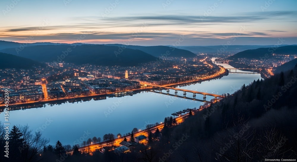 Fototapeta premium Panoramic twilight view of illuminated cityscape reflecting on a calm river surrounded by hills and trees creating a serene atmosphere
