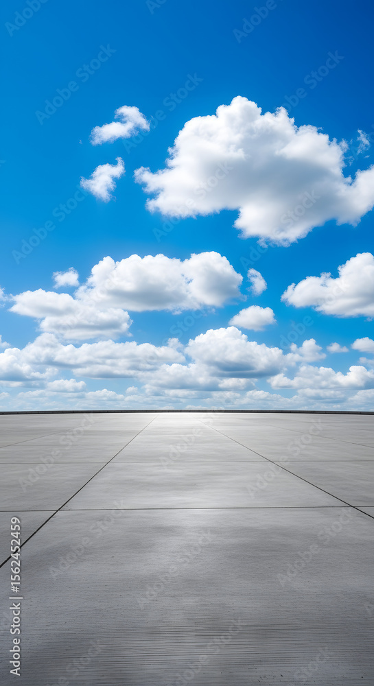 Empty paved expanse beneath a vast, cloud-filled blue sky. Empty paved expanse beneath a vast, cloud-filled blue sky.