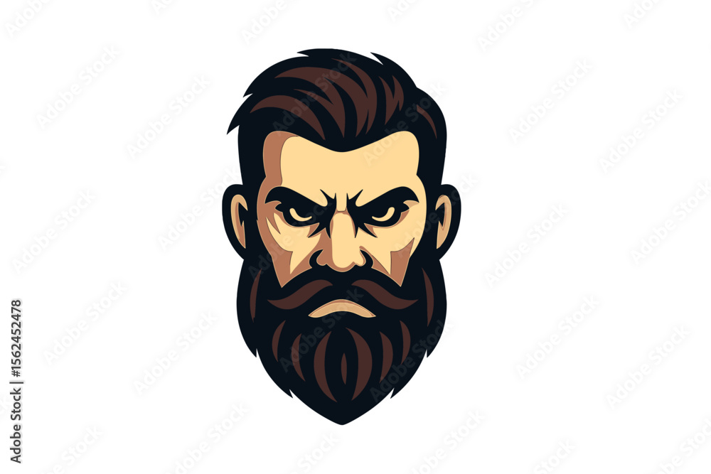 Bearded man logo vector illustration. Intense masculine head mascot with a serious face for a barbershop or hair salon. Emblem for an esports team, gaming logo, or men's grooming brand. Bearded man logo vector illustration. Intense masculine head mascot with a serious face for a barbershop or hair salon. Emblem for an esports team, gaming logo, or men's grooming brand.