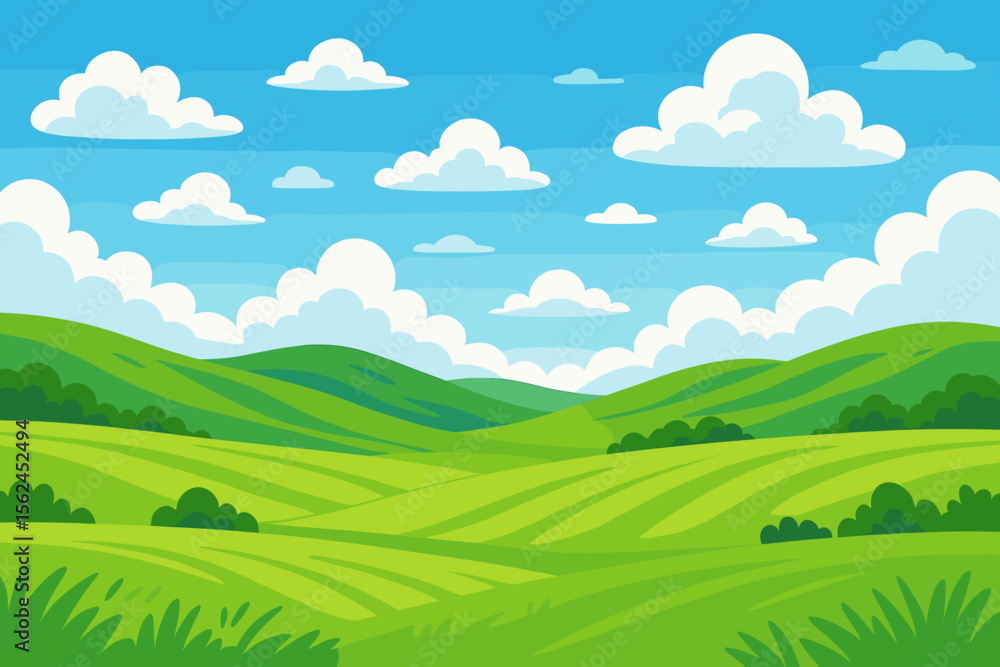Fototapeta premium Cartoon summer landscape with green hills, fields, and meadows under a blue sky with clouds. Rural countryside scenery background. Natural panoramic view. Modern flat vector illustration.