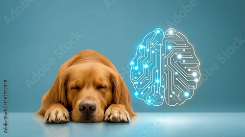A sleeping dog with a digital brain illustration nearby.