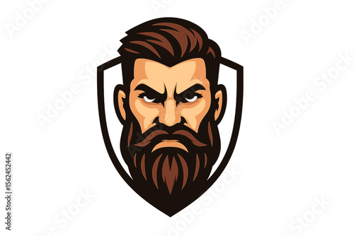 Bearded man head mascot logo vector. Angry serious face emblem for barbershop or grooming products. Masculine hipster icon for a sports team or an esports gaming clan. Brutal warrior badge.