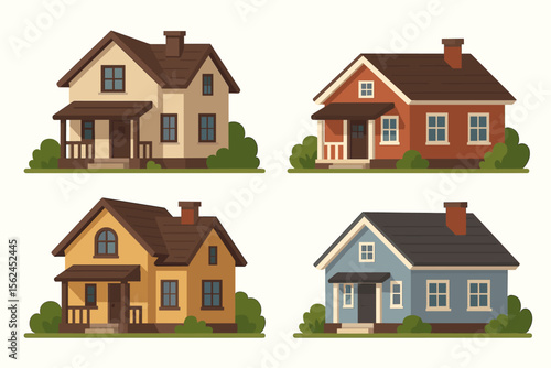 Set of cute cartoon houses. Vector illustration of suburban homes. Real estate icons. Collection of residential buildings isolated on white background. Flat design family property.