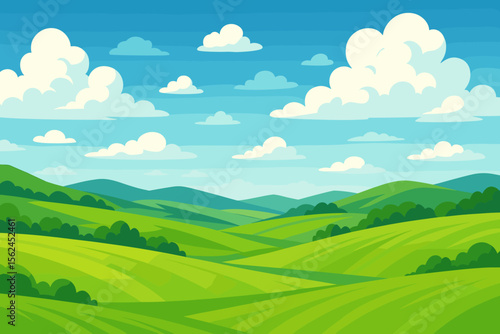Wallpaper Mural Summer landscape with rolling green hills and meadows under a blue sky with clouds. Rural countryside scenery background. Natural panoramic scene. Modern flat cartoon vector illustration. Torontodigital.ca