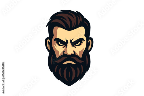 Bearded man logo vector illustration. Intense masculine head mascot with a serious face for a barbershop or hair salon. Emblem for an esports team, gaming logo, or men's grooming brand.
