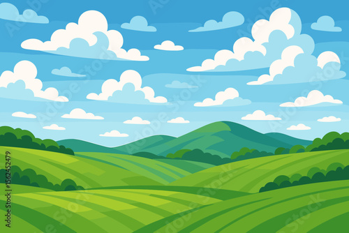 Summer landscape background with green rolling hills, agricultural fields and blue sky with clouds. Countryside nature scenery. Modern flat cartoon vector illustration of a rural valley.