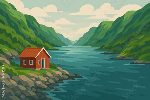 Scandinavian fjord landscape with a traditional red rorbu cabin on a rocky shore. Norwegian nature scenic view with mountains and sea bay. Nordic travel vector illustration background.