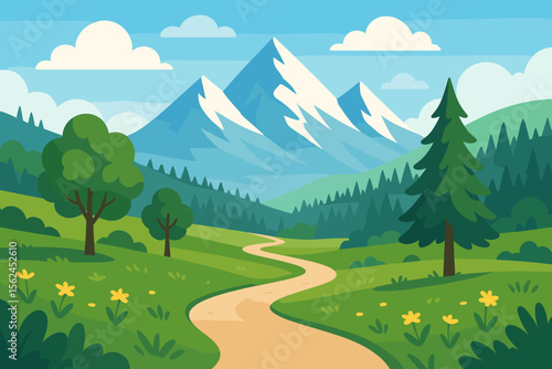 Summer mountain landscape vector illustration. Winding path through a green valley with trees and flowers leading to snowy peaks. Nature scenery for travel, adventure, hiking, tourism.