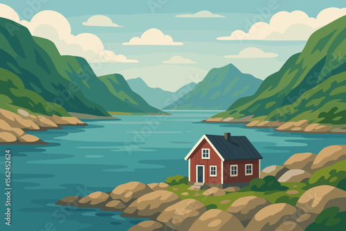 Vector illustration of a tranquil Norwegian fjord landscape. Scenic summer view with a red cabin on a rocky coast, green mountains, and blue water. Northern nature travel.