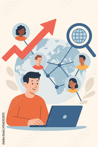 Global marketing strategy concept. Businessman with laptop analyzing international customer network. Growth arrow, magnifying glass, world map, diverse team, online communication, digital business.