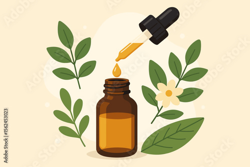 Natural essential oil dropper bottle with herbal leaves and flower, organic aromatherapy extract, wellness and skincare vector illustration, herbal medicine concept