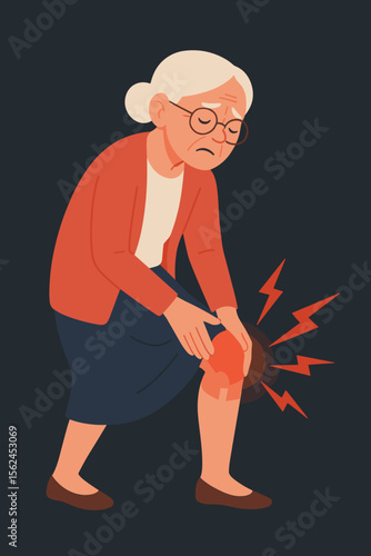Elderly woman with knee pain, joint inflammation, arthritis, tendon injury, osteoporosis, aged female holding sore leg, medical problem, health care, senior pain concept, vector illustration