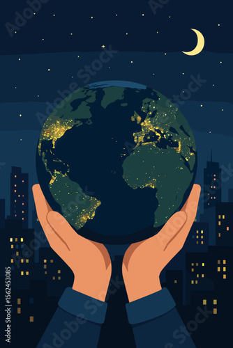Earth at Night Held in Hands Over City Skyline, Illuminated Globe, Energy Conservation, World Environment Protection, Sustainable Urban Living, Earth Day Concept, Night Sky, Modern Vector Art