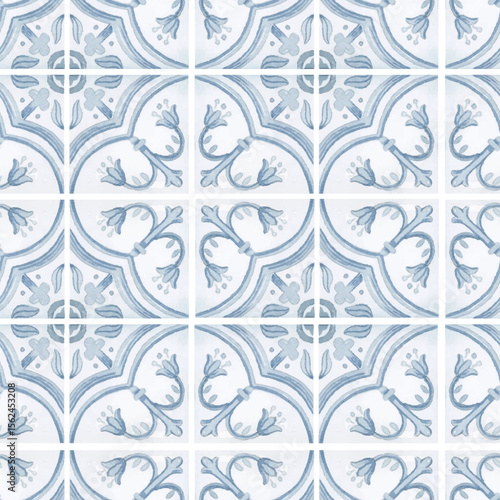 Watercolor grey tiles azulejo elegant seamless pattern	