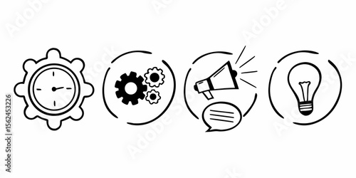 Vector Illustration: Essential Productivity Symbols - Mail, Innovation, Gear & Clock