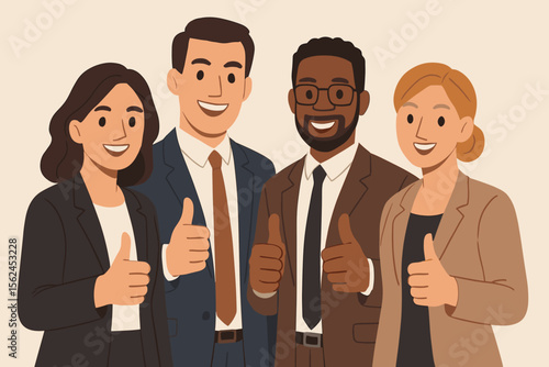 Diverse business team giving thumbs up gesture. Professional group in suits celebrating success, teamwork, motivation, collaboration, approval, positive office culture. Modern flat vector illustration