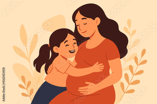 Loving daughter hugging pregnant mother. Family bond, motherhood, pregnancy, expecting baby. Warm embrace, maternal love, parent and child relationship. Modern flat vector cartoon illustration.