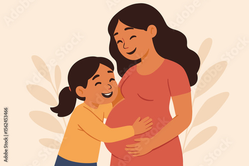 Loving daughter hugging pregnant mother. Family bonding, expecting baby, motherhood, maternal love, child embracing mom, parenthood, happy family, anticipation, flat cartoon vector illustration