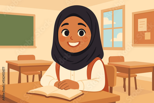 Smiling Muslim schoolgirl in hijab sitting at desk with open book in classroom. Diverse education, happy student, learning, multicultural children, back to school, modern cartoon vector illustration