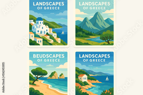 Greece landscapes vector postcard set. Greek cityscape, mountains, beaches, coastline. Santorini, Mediterranean travel illustration. Scenic nature, tourism banner, cover design, summer vacation.