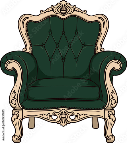 Vintage green armchair with carved wooden frame and elegant upholstery vector illustration 