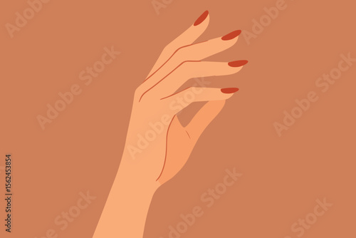 Elegant female hand gesture with manicured nails, minimalist flat vector illustration, beauty and fashion concept, graceful feminine hand, skin tone background, modern aesthetic design
