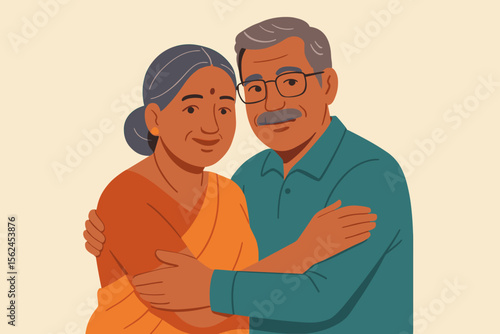 Senior Indian couple embracing, smiling, traditional clothing, affectionate elderly husband and wife, happy family relationship, modern flat vector illustration, love, togetherness, portrait