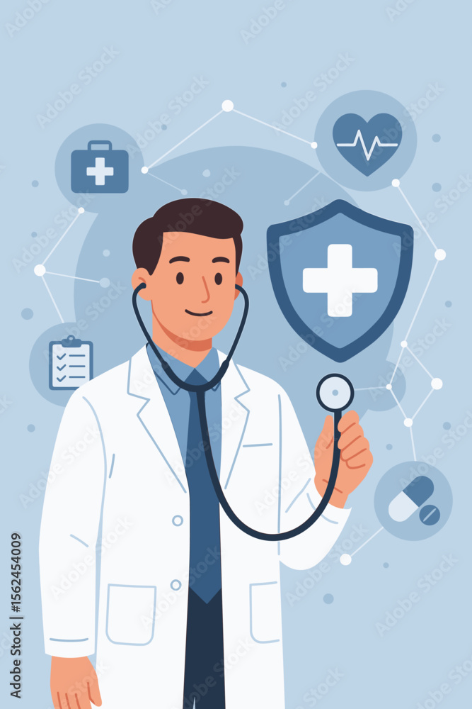 Medical doctor holding stethoscope with health insurance icon, modern healthcare network, digital medicine, hospital services, diagnosis, treatment, medical technology concept illustration Medical doctor holding stethoscope with health insurance icon, modern healthcare network, digital medicine, hospital services, diagnosis, treatment, medical technology concept illustration