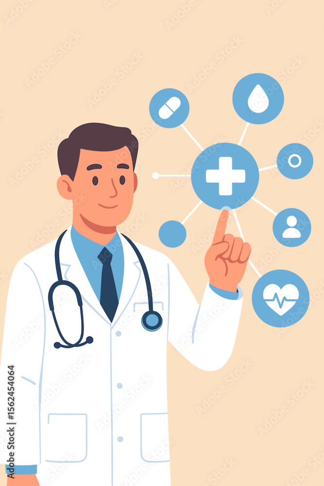 Medical doctor in white coat with stethoscope interacting with digital healthcare icons network. Modern flat vector illustration of medicine, telemedicine, health technology, and online consultation Medical doctor in white coat with stethoscope interacting with digital healthcare icons network. Modern flat vector illustration of medicine, telemedicine, health technology, and online consultation