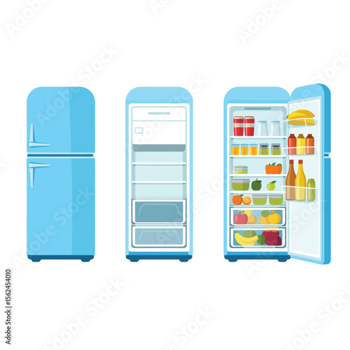 Three views of a blue retro refrigerator one closed one open and one empty