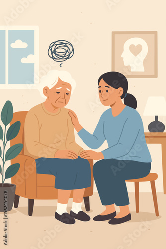Elderly mental health support concept. Senior woman experiencing confusion, caregiver offering comfort, dementia care, emotional support, counseling session, aging, compassion, healthcare illustration