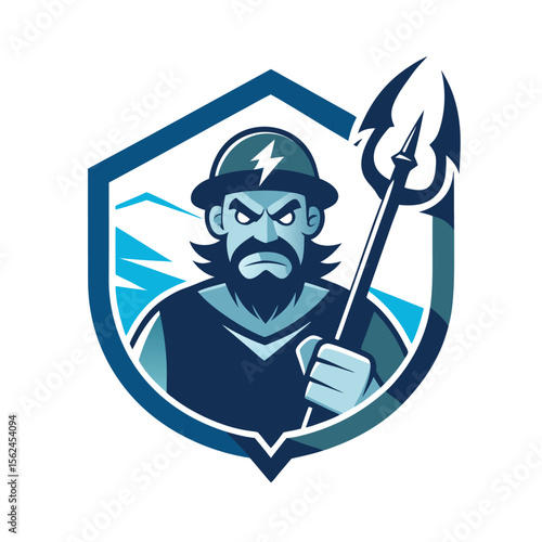 Angry fisherman with harpoon in stormy sea battle scene Vector illustration