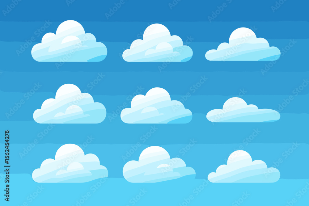 Gradient cartoon clouds collection on blue sky background. Set of white fluffy cloud icons. Modern flat vector illustration for weather, nature, sky, app, web, design elements, clipart, decoration Gradient cartoon clouds collection on blue sky background. Set of white fluffy cloud icons. Modern flat vector illustration for weather, nature, sky, app, web, design elements, clipart, decoration