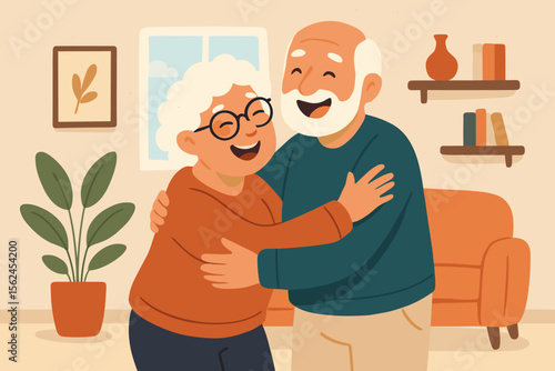 Happy senior couple embracing and laughing together at home, elderly people love, retirement lifestyle, family affection, warm cozy living room, flat cartoon vector illustration, joyful relationship