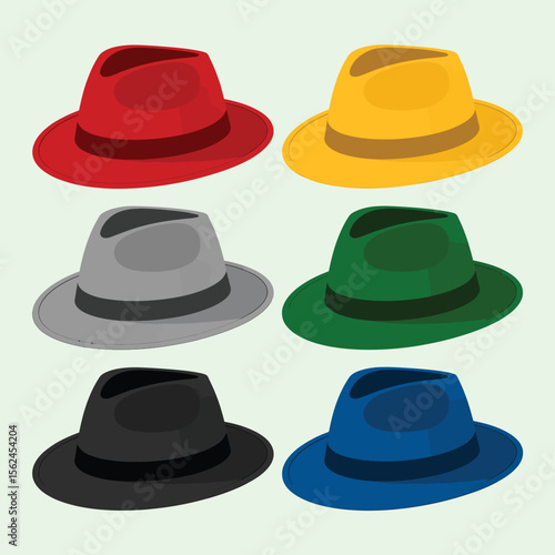 Collection of six colorful fedora hats arranged in three rows against a light green background
