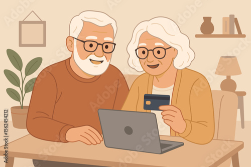 Elderly Couple Online Shopping with Credit Card and Laptop at Home. Senior Internet Banking, E-commerce Payment, Secure Transaction, Digital Finance, Modern Retirement Lifestyle Vector Illustration