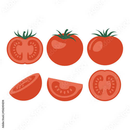 Collection of fresh red tomatoes whole and sliced in flat design style