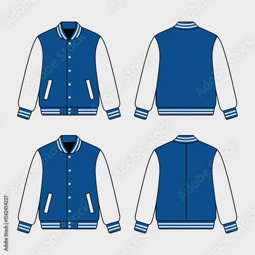 Blue and white varsity jacket front and back views flat design illustration
