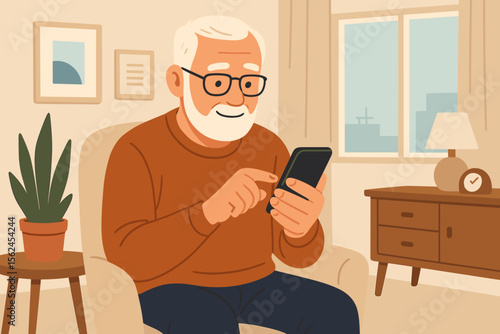 Senior man using smartphone at home, elderly male sitting in armchair with mobile device, modern technology, digital literacy for seniors, cozy living room interior, flat vector illustration