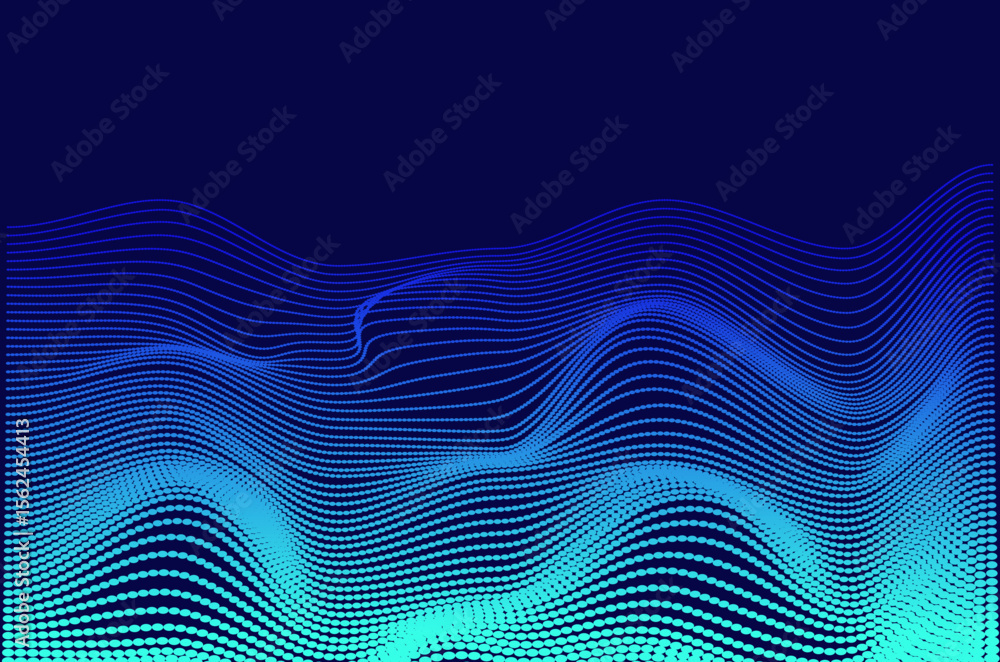 Fototapeta premium Dynamic big data gradient blue neon particle wave dots technology abstract background. Futuristic design with motion and depth effect.