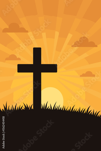 Christian Cross Silhouette on Hill at Sunrise, Faith Hope Resurrection Concept, Easter Morning, Religious Symbol, Sun Rays, Grass, Clouds, Peaceful Spiritual Landscape Vector Illustration