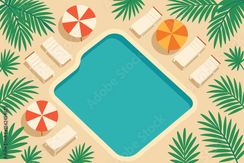 Summer Swimming Pool Top View with Palm Leaves, Sunbeds, Umbrellas, Water Texture. Tropical Resort Banner, Beach Vacation Concept, Relaxation, Poolside Leisure, Holiday Illustration Vector