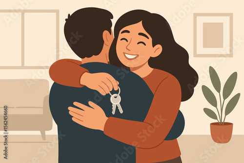 Happy couple embracing with house keys, new home ownership, moving in together, real estate purchase, first apartment, family, love, celebration, cozy living room, modern flat vector illustration