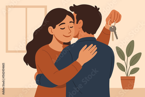 Happy couple embracing in new home, holding house keys. Real estate purchase, moving in together, property ownership, first home buyers, modern flat vector illustration, cozy interior background