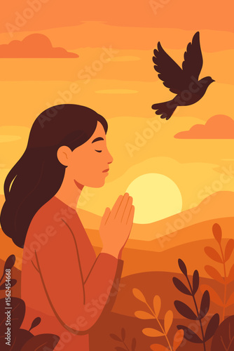 Woman praying at sunset with flying bird, hope and freedom concept, peaceful nature landscape, spiritual meditation, mindfulness, faith, modern flat vector cartoon illustration, autumn colors