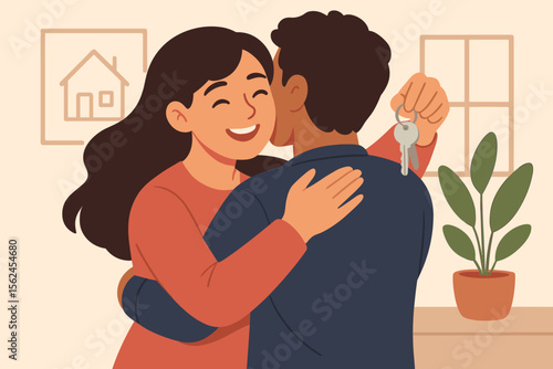 Happy couple embracing and celebrating new home purchase, holding house keys, moving in together, real estate ownership, modern flat vector illustration, first home buyers, property investment