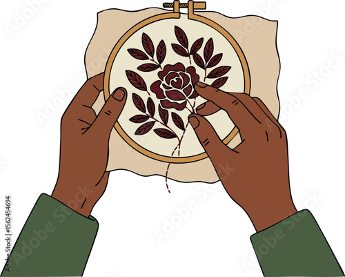 Hands Embroidering Rose Flower with Leaves in Hoop Art Craft Illustration 