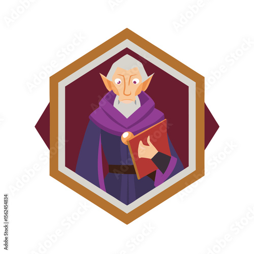 Cursed mage with stitched robe and dark spellbook inside Vector illustration