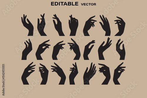 Collection of elegant black silhouette hands in various graceful poses against a neutral beige background
